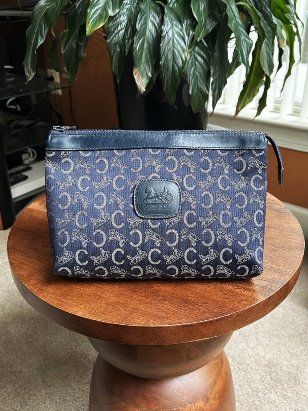 CELINE C Sulky Leather and Canvas Pouch,Navy